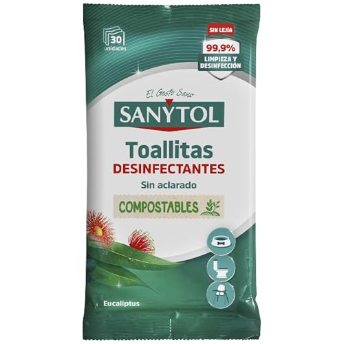 Sanytol – Toallitas Desinfectantes Multiusos, Compostables, Sin Aclarado, Higiene Sin Bayeta, Eliminan Bacterias, Hongos y Virus Sin Lejía, Perfume Eucaliptus - 30 Toallitas