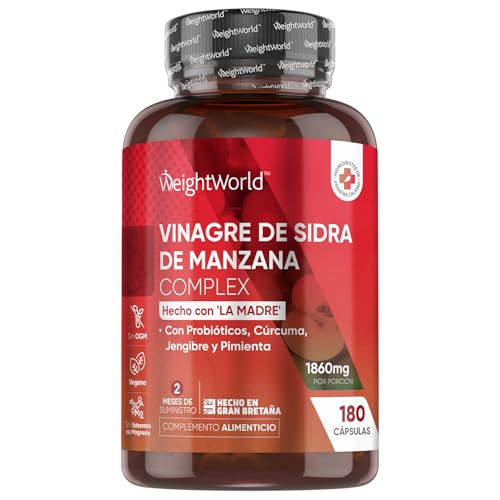 Vinagre de Sidra de Manzana con la Madre 1860 mg - 180 Cápsulas con Probióticos, Cúrcuma, Jengibre y Pimienta de Cayena - Suplemento para 2 Meses de Suministro - Sin Lactosa y Apto para Veganos