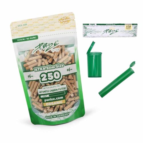 PURIZE Xtra Slim Size - Filtro de carbón activo (250 unidades, 6 mm (5,9 mm) con 2 tapas de cerámica, incluye tubo conjunto, cajas de pop-up y pegatinas)